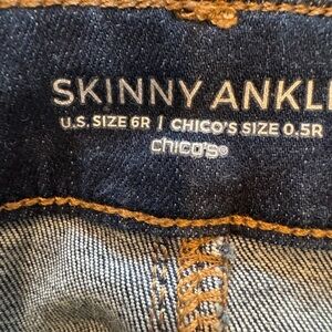 Chico's Dark Blue Skinny Ankle Jeans with Tan Stitching